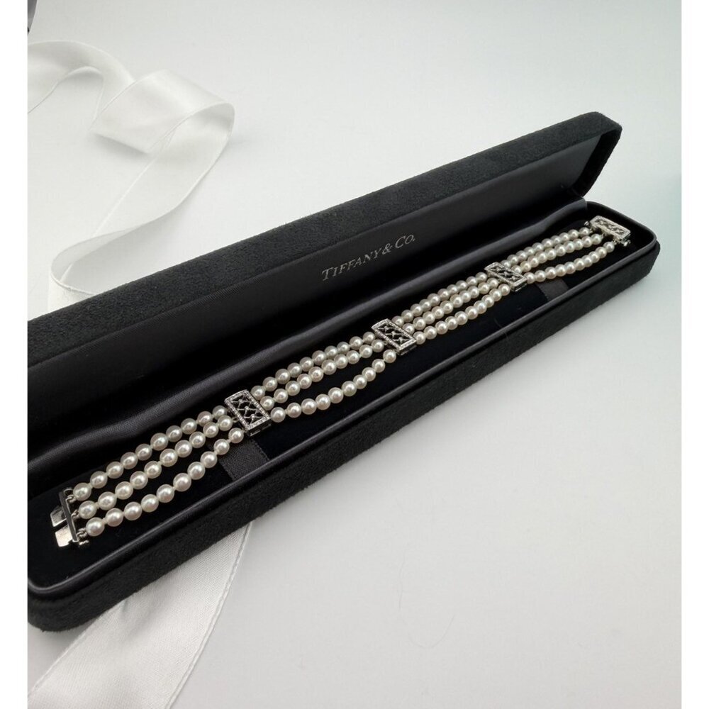 Vtg. Tiffany & Co. Voile Diamond Station 3-Row Pearl Bracelet in Platinum RARE